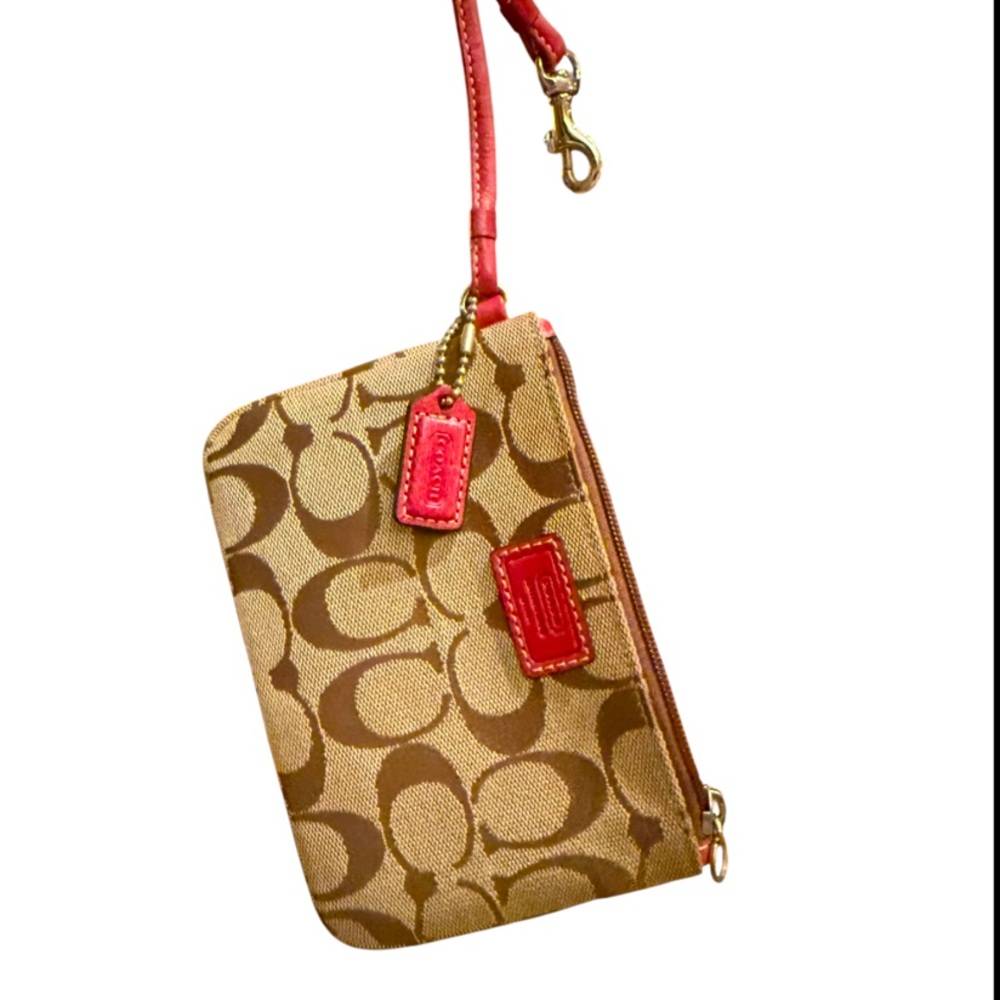 COACH Y2K Signature Tan Monogram Pink Leather Details Wristlet Charm Mini Bag